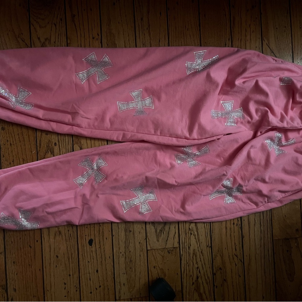 Pink Sweatpants with Silver Crosses